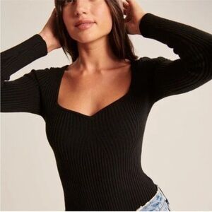 Abercrombie & Fitch Black Ribbed Sweatheart Neckline Long Sleeve Bodysuit Small